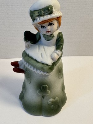 Vintage Shamrock Clover Girl St. Patrick's Day Bisque Porcelain Bell 5  Tall