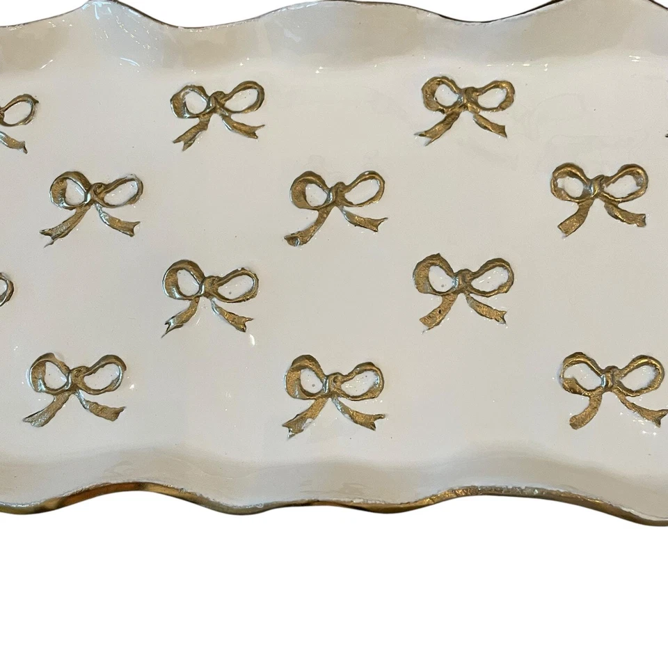 Gold Bow Enameled Rectangular Metal Serving Tray 16x7.5 Scalloped Made in India  - Image 3 of 4