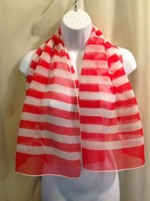 VTG. CHIFFON Women's SCARF 17 1/2" X 42 1/2" Red White Striped
