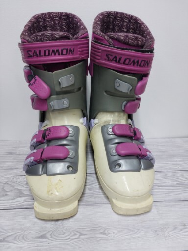 Salomon stivali da sci da donna taglia UK 6 argento bianco e rosa con borsa lunga