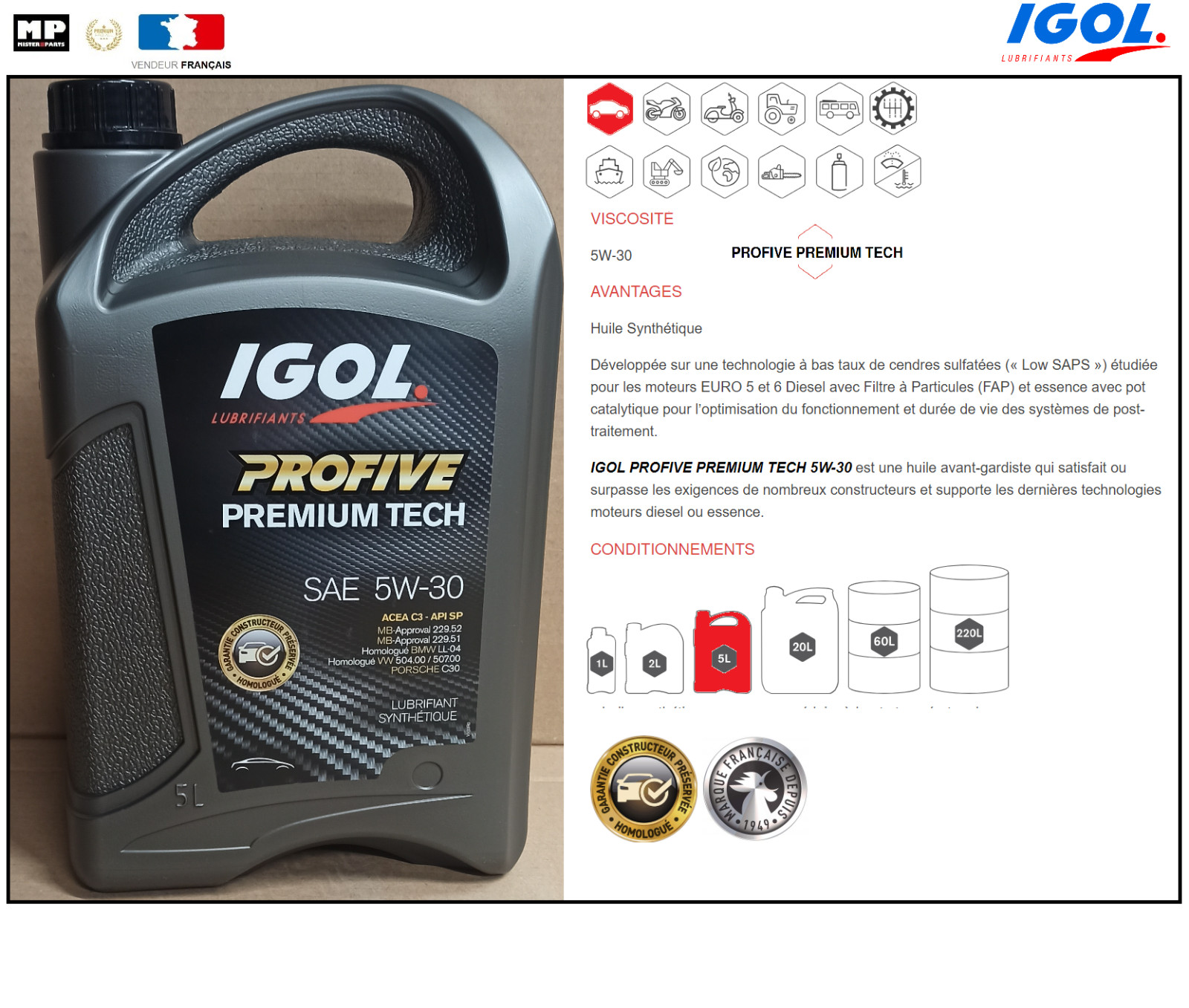 Huile Moteur Igol Profive 5W30 Formule Onyx Premium de 5L aux Normes Rigoureuses VW 507.00