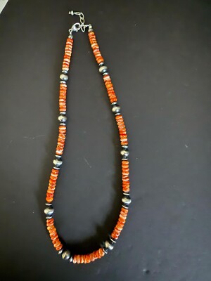 Sterling Silver Orange Spiny Oyster W Pearls Bead Necklace 18 inch