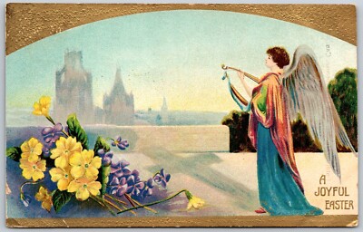 A Joyful Easter Angel Playing Music Flowers Castle Embossed Postcard