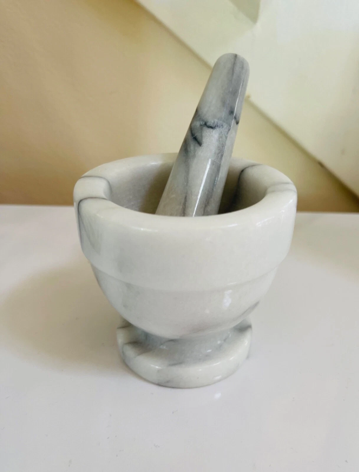 Vintage Marble Mortar And Pestle White With Black Veins