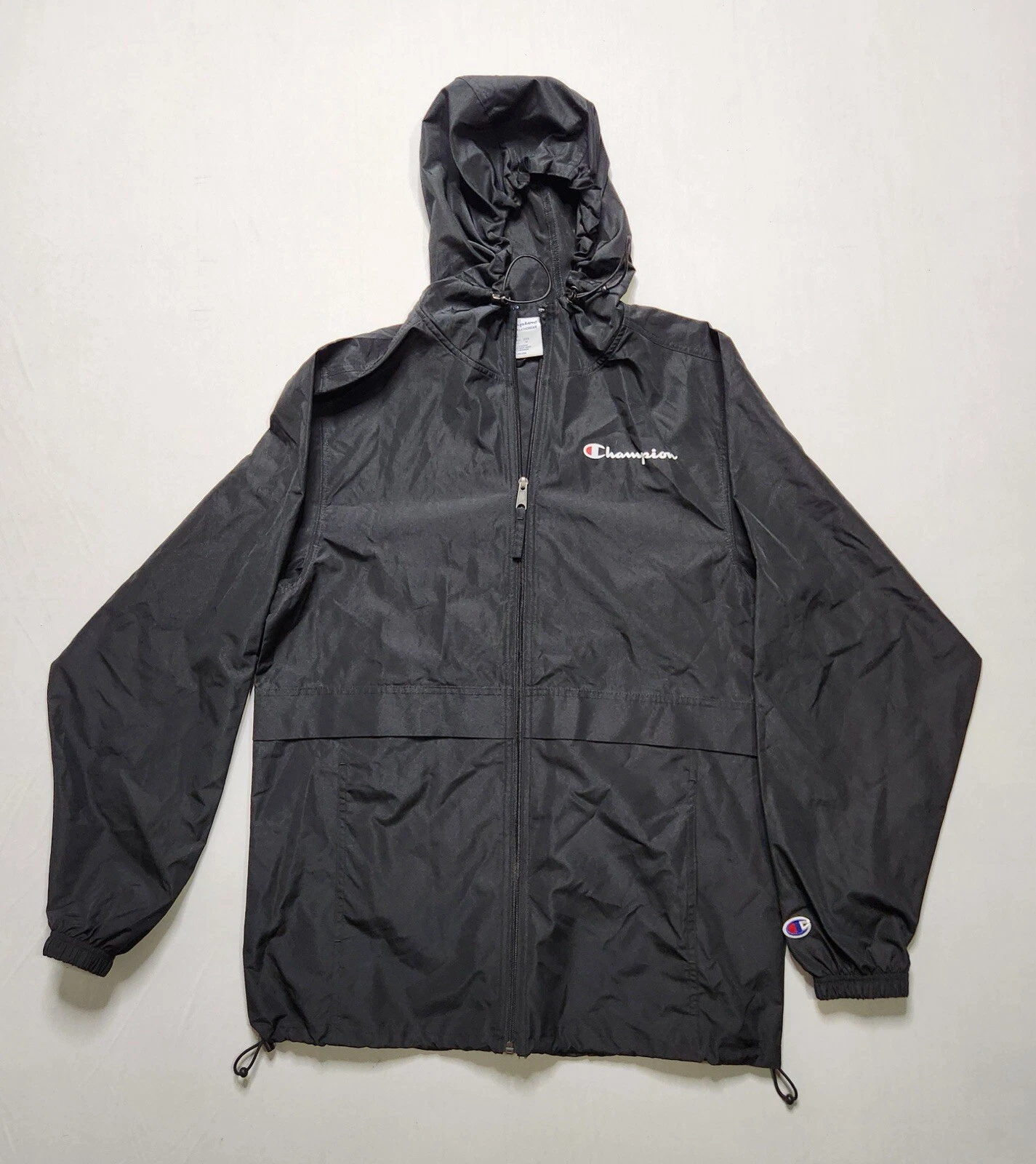 Champion Mens Small Packable Lightweight Black Anorak Hooded Windbreaker Jacket