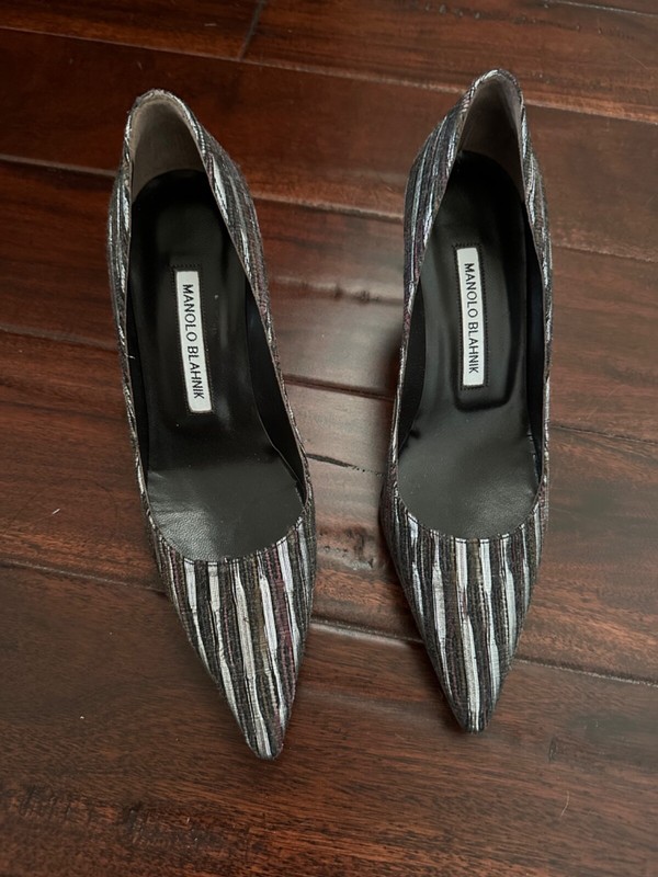 New Manolo Blahnik Pointy Toe Pump Heel Shoes Tweed/Multi Fabric Leather6.5/36.5