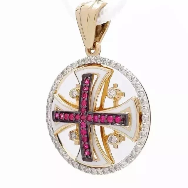 2Ct Round Cut Lab-Created Red Ruby Cricle Cross Pendant 14K Yellow Gold Plated - Image 3 of 4
