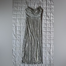 Eliza J Champagne Cowl Neck Sequin Gown Spaghetti Straps Leg Slit Holiday NYE -8