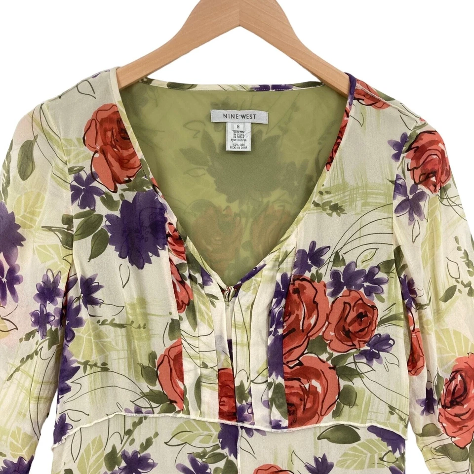 Blusa Top Nine West Mujer Talla 8 Multicolor Floral 100% Seda Cuello en V Pullover Foto 4 de 4