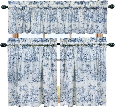 Café Curtains - Tier Window Treatment Curtains - Blue White French Country Toile