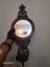 Vintage Ornate Cast Iron Vanity Wall Mirror with Shelf/Candle Holder