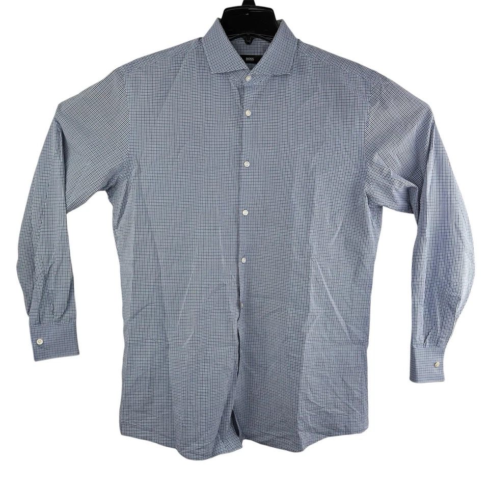 Camisa de vestir BOSS Hugo Boss para hombre 17 1/2-34/35 azul/blanco a cuadros ajuste nítido usada en excelente estado Foto 2 de 4