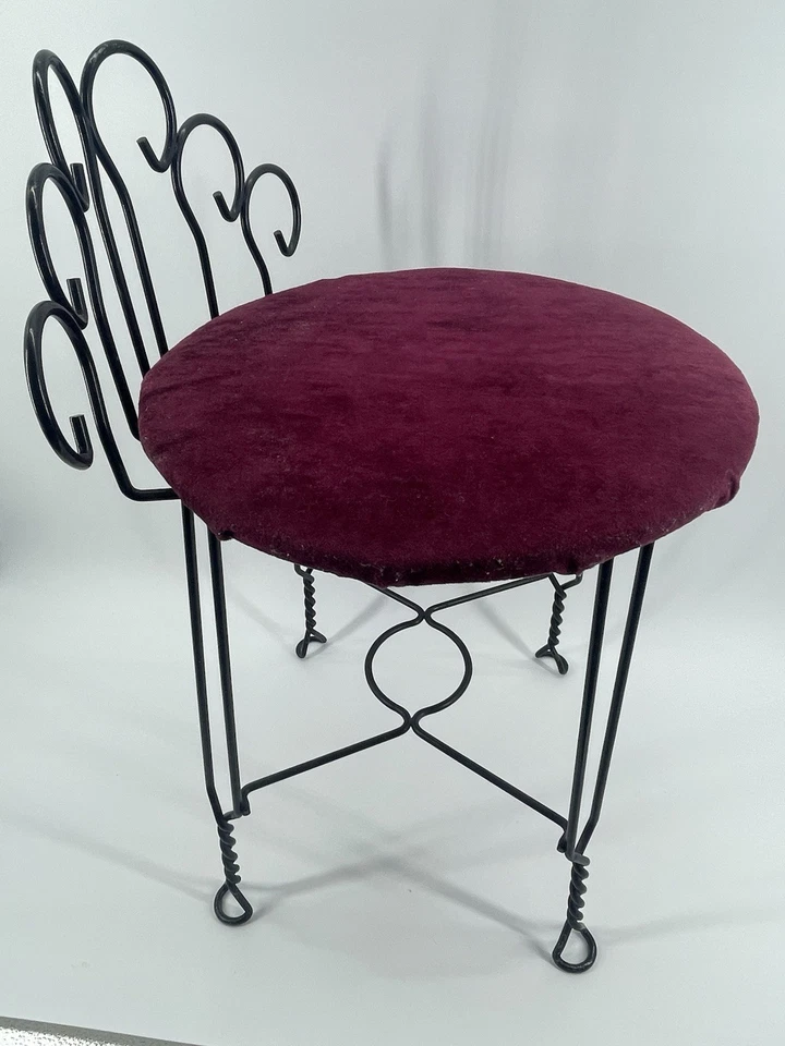 复古梳妆椅凳栗色凳,扭曲黑色金属腿 — 第 3/4 张图片