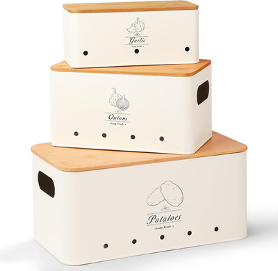Kitchen Vegetable Storage Tins Set of 3 for Potatoes, Onion, Garlic, Vegetable S