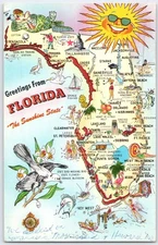 Vintage Greetings from Florida Map Postcard 1965 Tichnor Bros