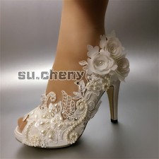 su.cheny Pearl satin white ivory lace flowers open toe Wedding Bridal heel shoes