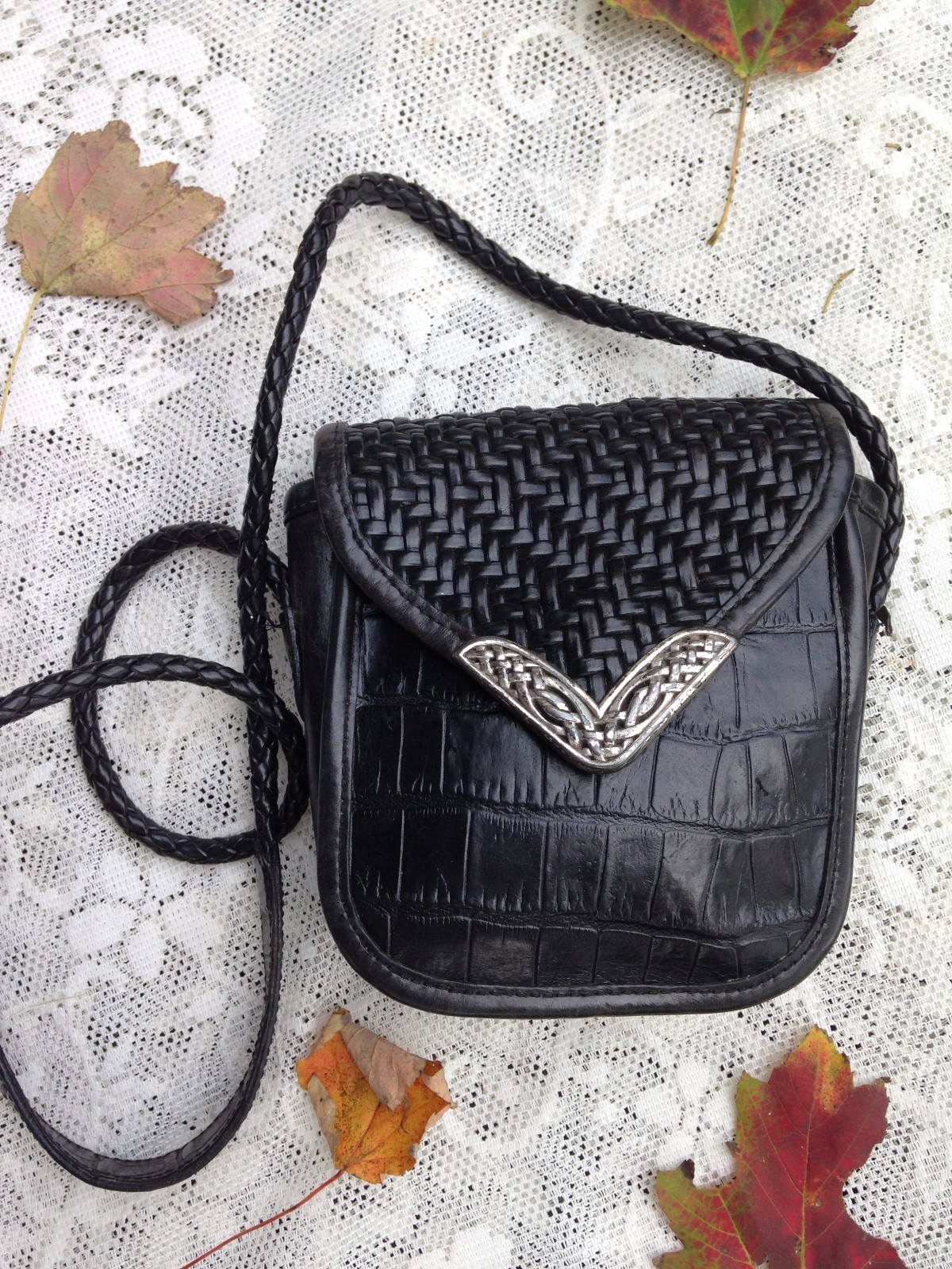 PONY Borsa a tracolla BRIGHTON Mini Petite argento FARFALLA tessuto e coccodrillo pelle nera