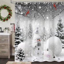 Merry Christmas Winter Shower Curtain Cute Snowman Forest Cardinal Birds Grey...