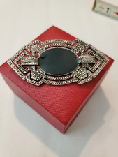 Vintage Art Deco Silver Toned Brooch Faux Marcasite & Onxy 2.5" Flapper Pin 