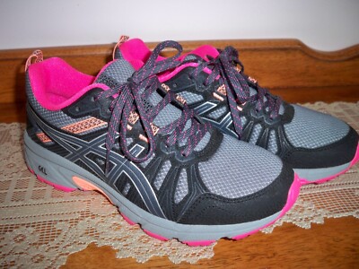 Asics Gel Venture 7 Womens Running Shoes Sneakers - size 6 - 6.5 Black Gray Pink