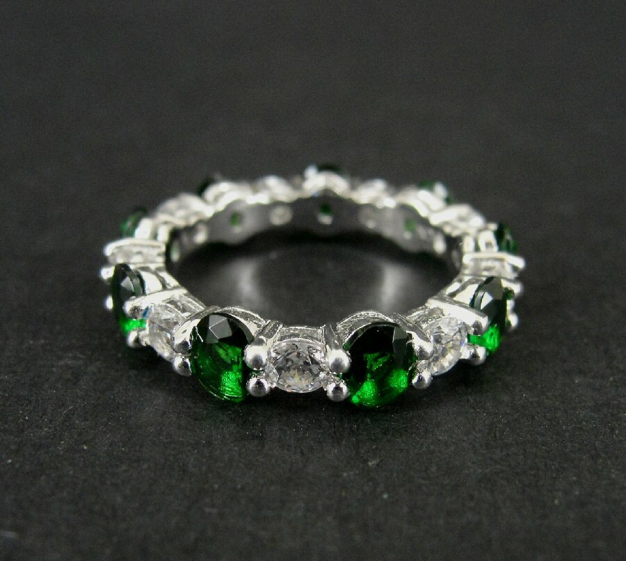 Ring Silver Green Oval and Clear Cubic Zirconia Stones Sterling