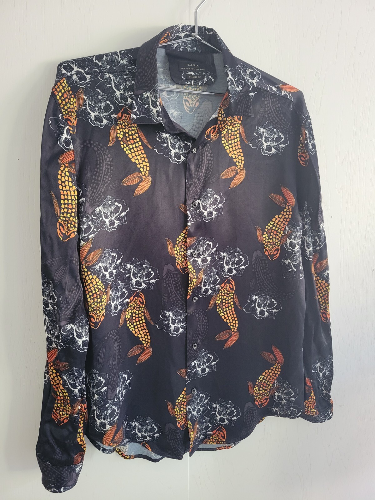 Zara Man Black With Orange Koi Fish Print Button Up Shirt Size S image 2