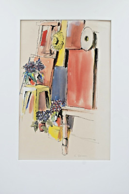 Still Life Watercolor and Ink, H. Robinson, 1950s, signed, 12''x8'', mat 20''X14''