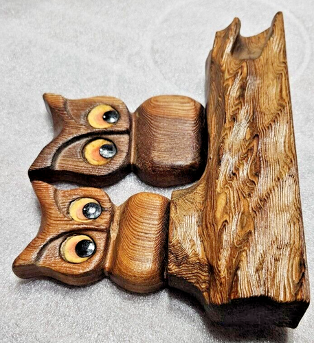 Witco Cryptomeria Carved Owls Felt Bead Eyes Burnt Wood Retro Art Sculpture 70s - Picture 5 of 8