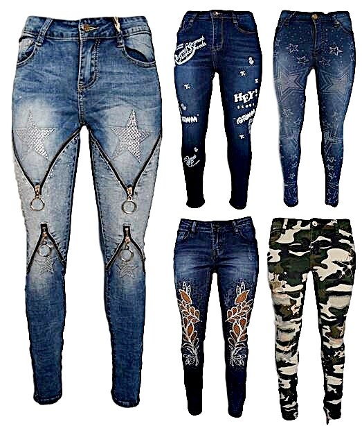 Pantalones vaqueros ajustados de camuflaje para mujer vaqueros de tubo pedrería brillo vaqueros