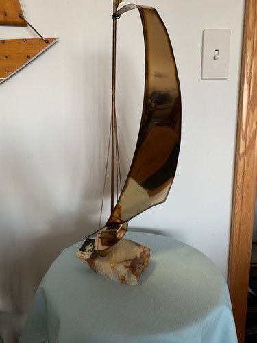 Vintage 22 Zoll Messing Segelboot MCM Skulptur Onyx Sockel Kunst signiert von Mario Jason - Bild 7 von 12