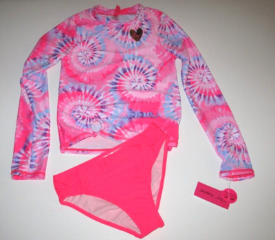 Betsey Johnson Girl's S 7/8 Long Sleeve 2 Pc Rash Guard Pink Swimsuit Tie Dye