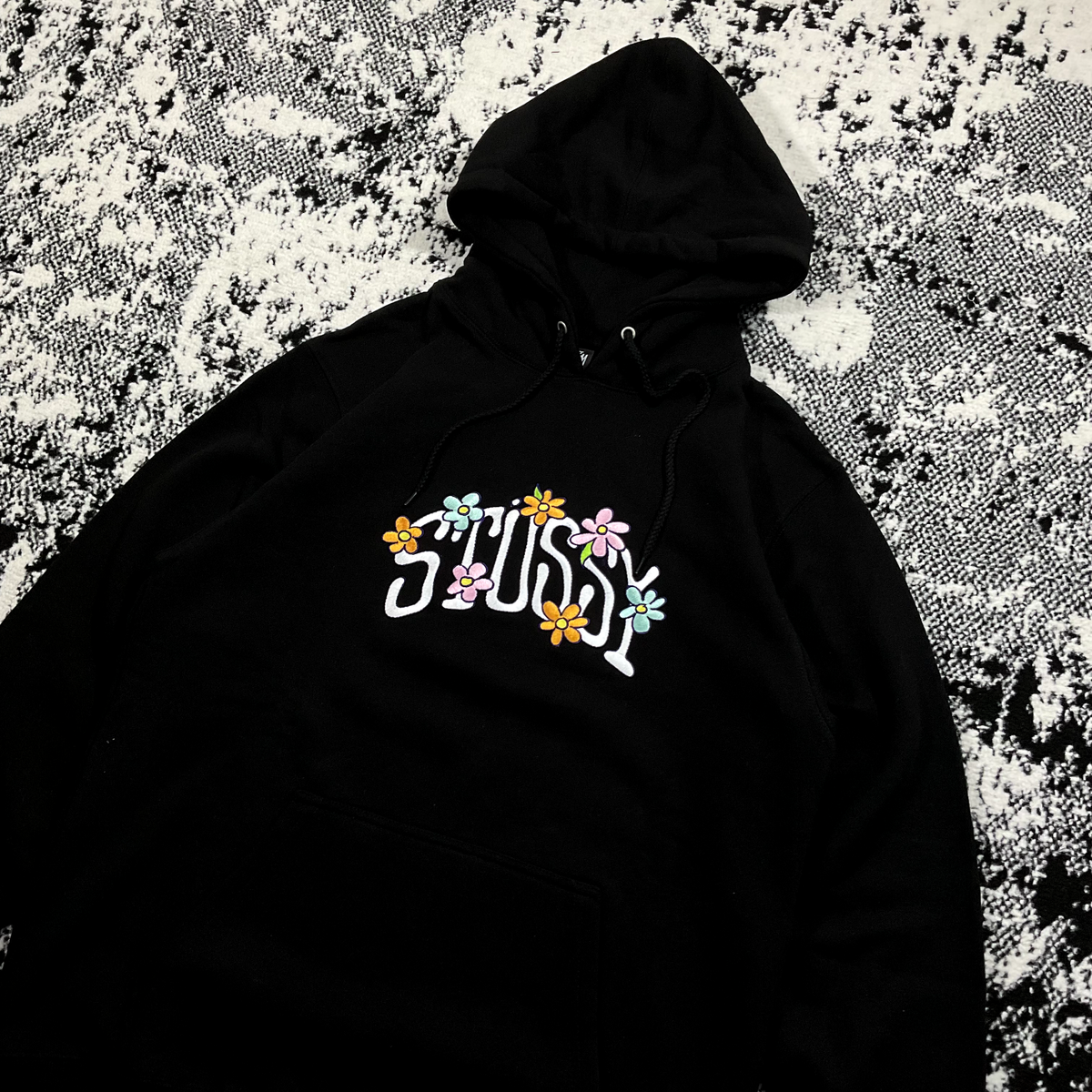 STUSSY COLLEGIATE FLORAL APP HOODIE BLACK - LARGE Y2K WINTER