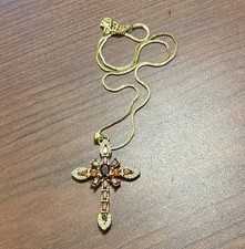 Gold Tone Cross Pendant Necklace Red Round Stone Snake Chain Lobster Clasp