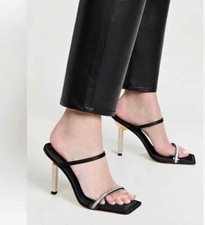GOOD AMERICAN Open Square Toe Rhinestone Strappy Heels Black Satin Size 5.5 NIB