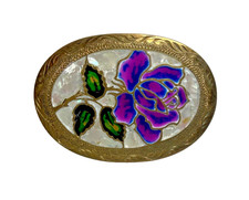 VINTAGE GOLD/ SILVER ABALONE INLAY MOTHER OF PEARL/ CLOISONNE ROSE BELT BUCKLE