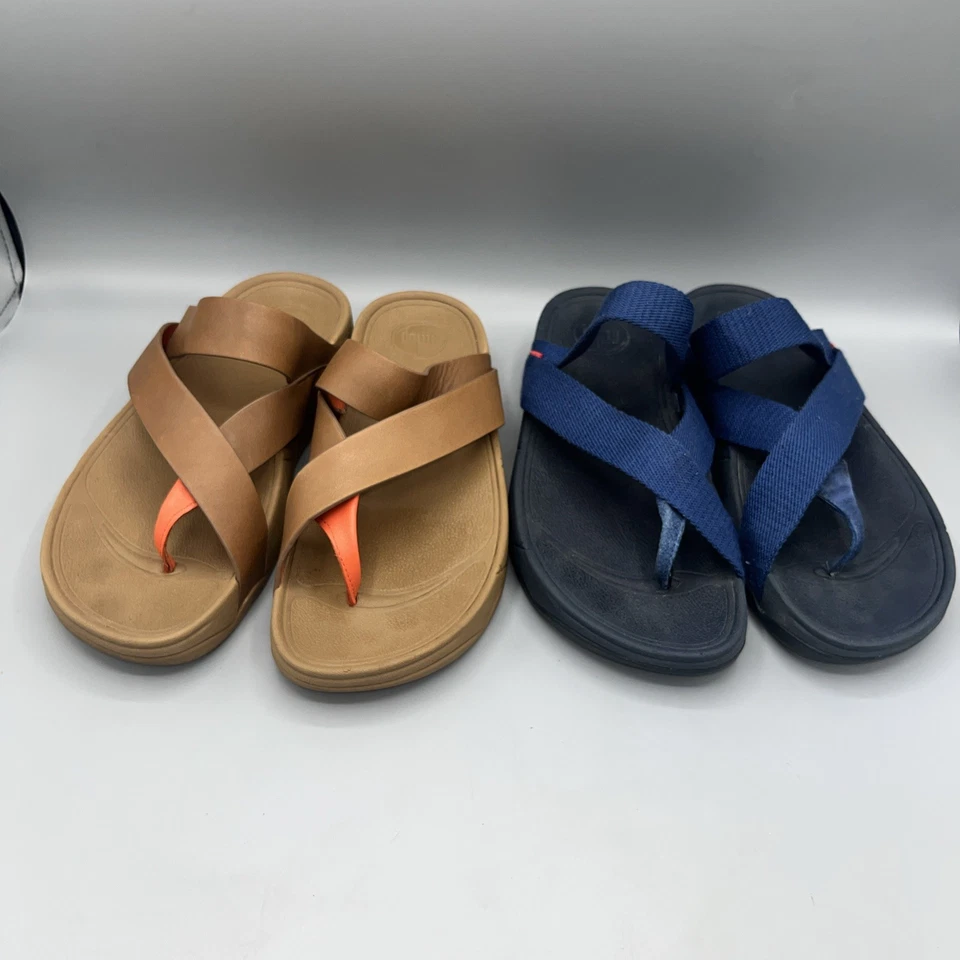 Sandalia Fitflop Plataforma Cuero Puntera Eslinga Camel Naranja y Azul Marino Talla 8 Foto 2 de 4