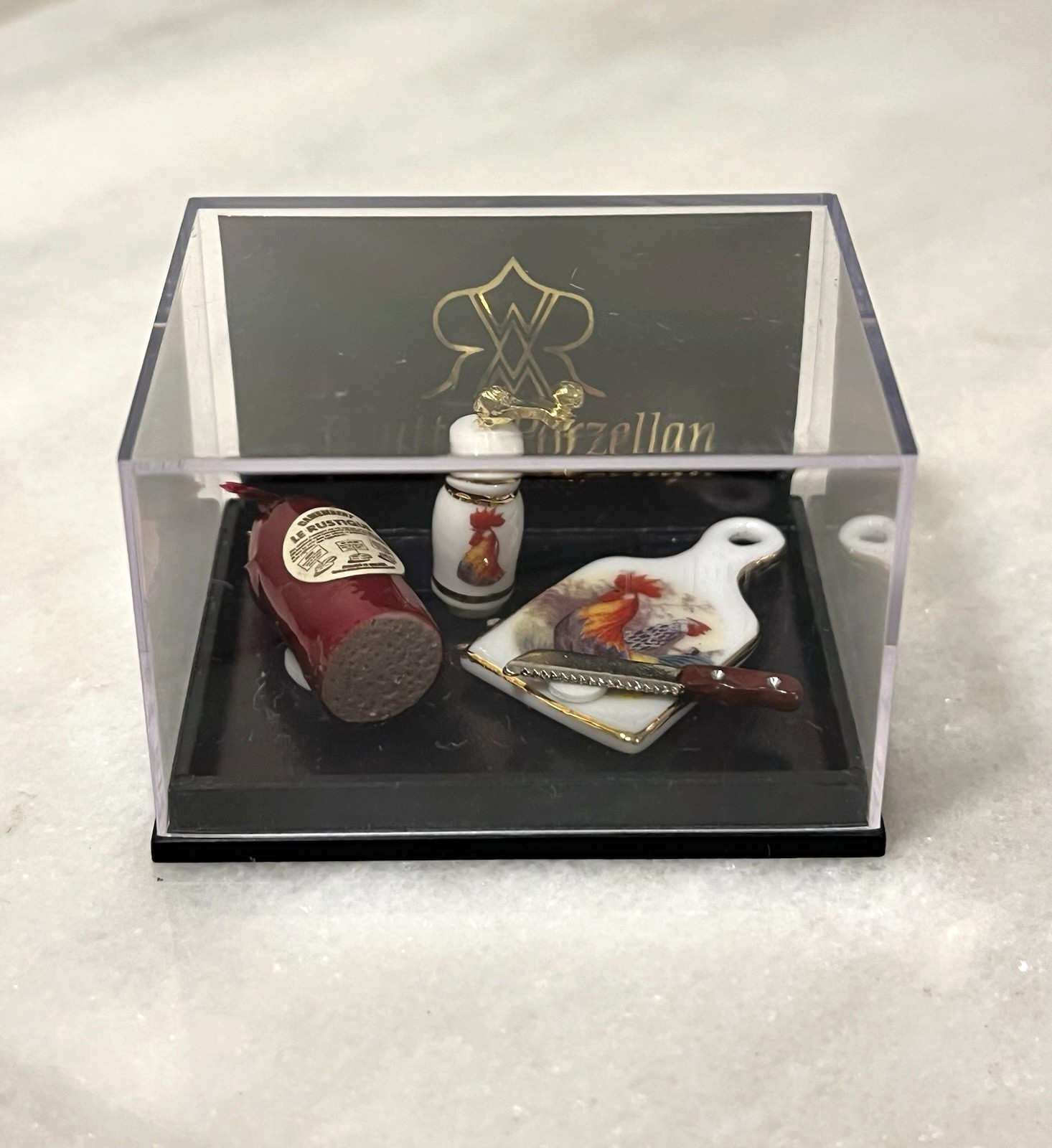 Reutter Porzellan Germany Dollhouse Miniature Rooster Cutting Board & Ham Set