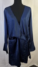 ASOS Design Navy Satin Wrap Mini Dress Long Bell Sleeves UK 18 New