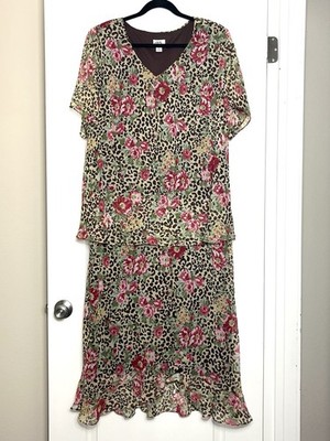 Vintage J.B.S. Leopard Animal & Floral Long Dress Size 24W Layered Lined V-Neck