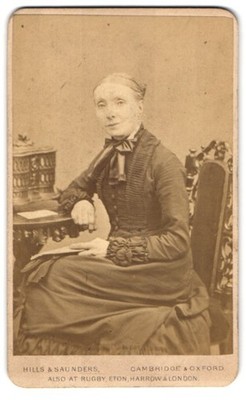 Photograph Hills & Saunders, Cambridge, Lady in Elegant Dress Sitting at Table 