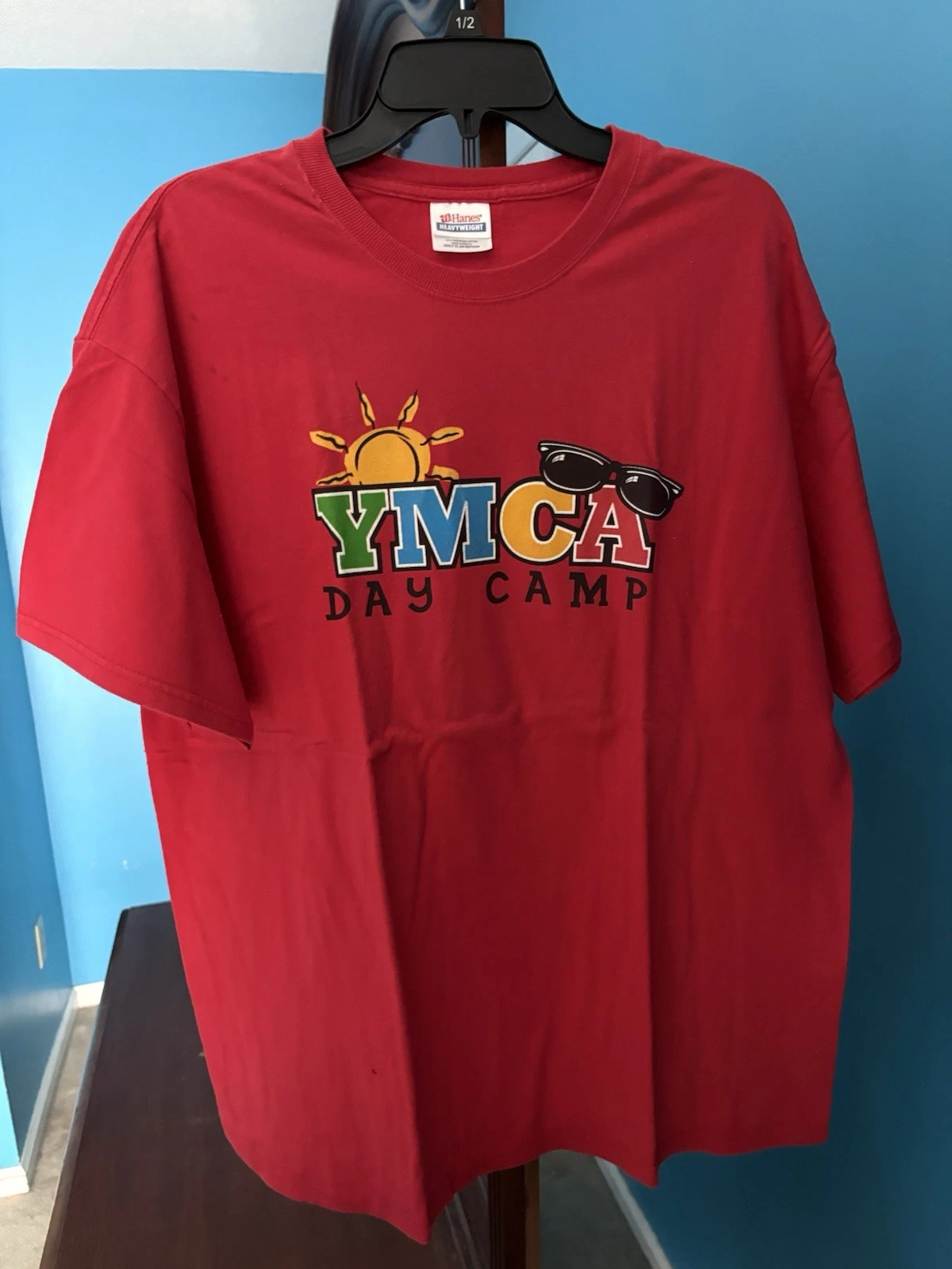 Red YMCA Day Camp Size XL T Shirt with sunglasses
