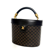 CELINE Macadam Triomphe Vanity Bag Black Brown PVC Leather Handbag MC96