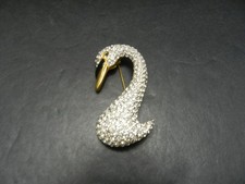 Vtg High Quality Swan Brooch Pin Black Enamel Rhinestones