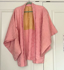 Pink Silk Jacquard Haori Kimono-Style Jacket Wide Sleeves Women One Size