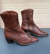 Ladies Brown Leather Midi ‘cowboy’ Boots. Cuban Heeled With Stitched Details