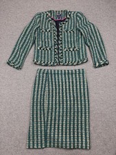 J.Crew Suit Set Womens 6 Green Boucle Plaid Jacket Skirt Lined Fringe Workwear