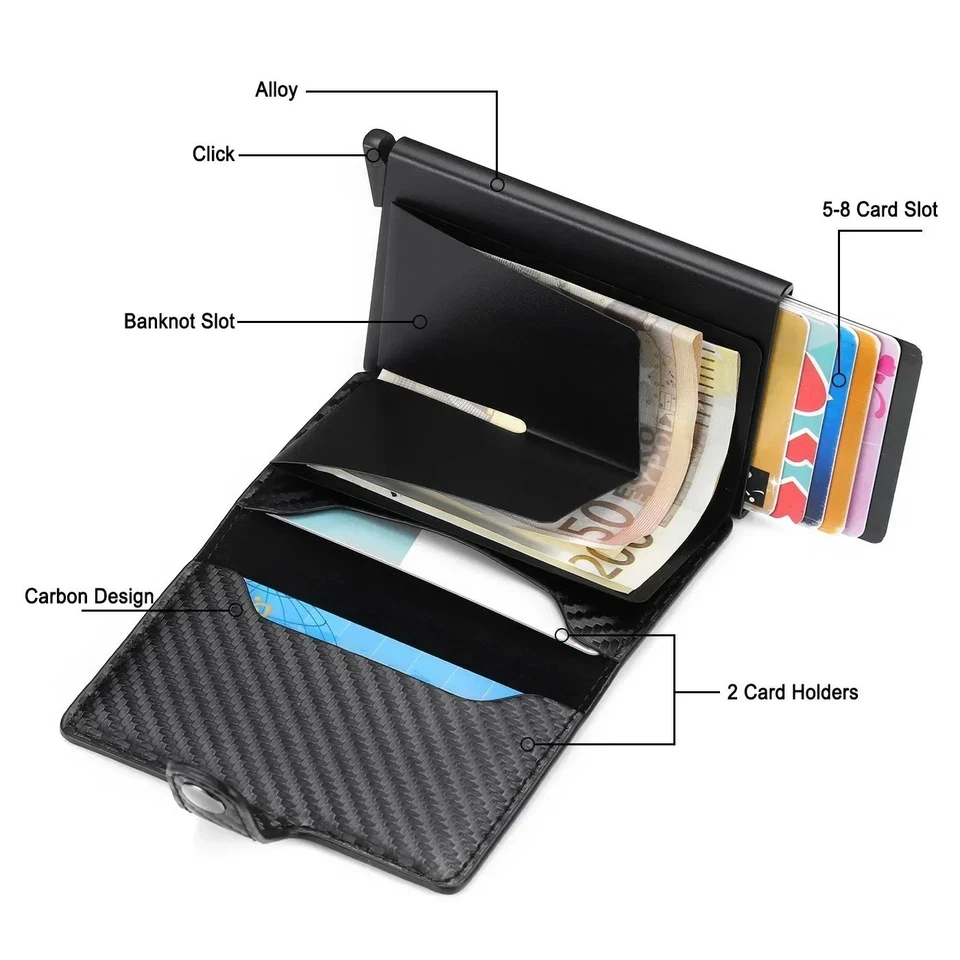 RFID Blocking Wallet Auto Pop up Credit Card Holder Leather Metal Money Clip Men - Image 2 of 4