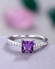 925 Silver 2Ct Princess Cut Lab-Created Purple Amethyst Halo Engagement Ring