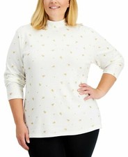 NWT Karen Scott 2X Gold Metallic Christmas Tree Mock Neck White Knit Top 3236-G