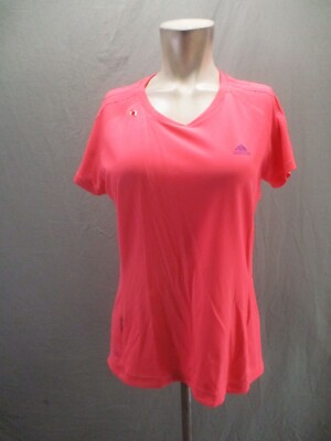 ADIDAS SUPERNOVA Size L Womens Red V-Neck Pocket Short Sleeve Athletic Top 044